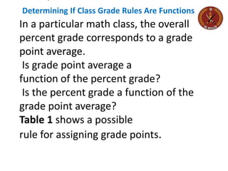 Determining If Class Grade Rules Are Functions
In a particular math class, the overall
percent grade corresponds to a grade
point average.
Is grade point average a
function of the percent grade?
Is the percent grade a function of the
grade point average?
Table 1 shows a possible
rule for assigning grade points.
 