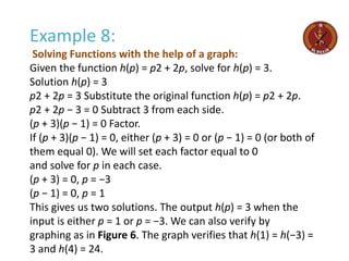 Example 8:
Solving Functions with the help of a graph:
Given the function h(p) = p2 + 2p, solve for h(p) = 3.
Solution h(p) = 3
p2 + 2p = 3 Substitute the original function h(p) = p2 + 2p.
p2 + 2p − 3 = 0 Subtract 3 from each side.
(p + 3)(p − 1) = 0 Factor.
If (p + 3)(p − 1) = 0, either (p + 3) = 0 or (p − 1) = 0 (or both of
them equal 0). We will set each factor equal to 0
and solve for p in each case.
(p + 3) = 0, p = −3
(p − 1) = 0, p = 1
This gives us two solutions. The output h(p) = 3 when the
input is either p = 1 or p = −3. We can also verify by
graphing as in Figure 6. The graph verifies that h(1) = h(−3) =
3 and h(4) = 24.
 