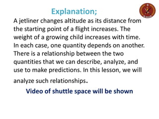Explanation;
A jetliner changes altitude as its distance from
the starting point of a flight increases. The
weight of a growing child increases with time.
In each case, one quantity depends on another.
There is a relationship between the two
quantities that we can describe, analyze, and
use to make predictions. In this lesson, we will
analyze such relationships.
Video of shuttle space will be shown
 