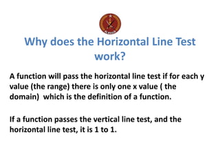 Why does the Horizontal Line Test
work?
A function will pass the horizontal line test if for each y
value (the range) there is only one x value ( the
domain) which is the definition of a function.
If a function passes the vertical line test, and the
horizontal line test, it is 1 to 1.
 