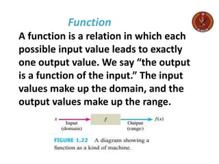Function
A function is a relation in which each
possible input value leads to exactly
one output value. We say “the output
is a function of the input.” The input
values make up the domain, and the
output values make up the range.
 