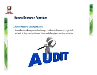 Human Resource Functions
12. Human Resource Costing and Audit:
Human Resource Management should analyze cost benefit of resources respectively
and audit of the present position and future need of employees for the organization.
 
