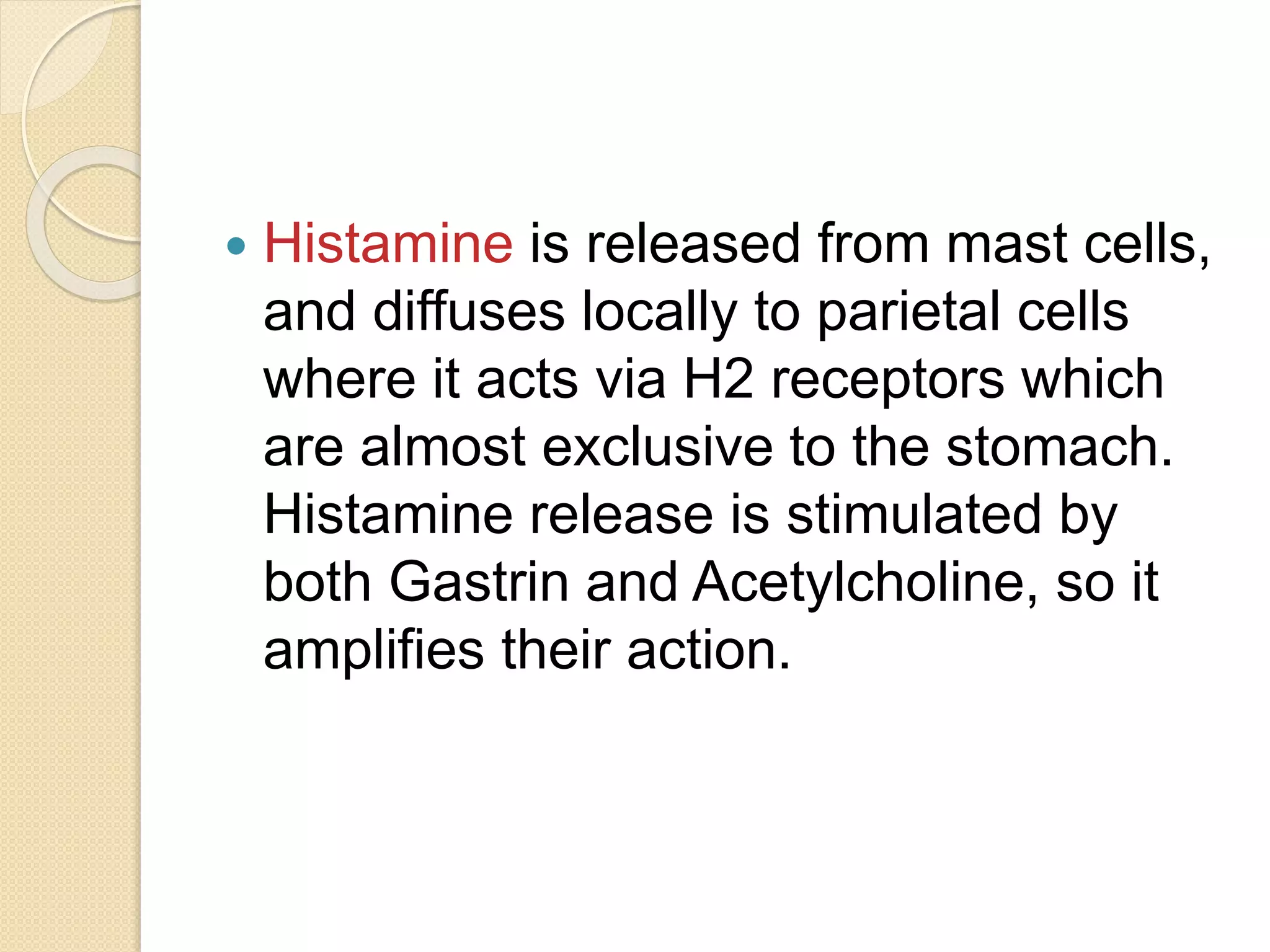  Histamine is released from mast cells,
and diffuses locally to parietal cells
where it acts via H2 receptors which
are almost exclusive to the stomach.
Histamine release is stimulated by
both Gastrin and Acetylcholine, so it
amplifies their action.
 