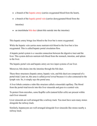 ● a branch of the hepatic artery (carries oxygenated blood from the heart),
● a branch of the hepatic portal vein (carries deoxygenated blood from the
intestine)
● an interlobular bile duct (drain bile outside into the intestine)
This hepatic artery brings less blood to the liver but is more oxygenated.
While the hepatic vein carries more nutrient-rich blood to the liver but is less
oxygenated. This is called hepatic portal circulation flow.
A hepatic portal system is a vascular connection between the digestive tract and the
liver. This system delivers nutrient-rich blood from the stomach, intestine, and spleen
to the liver.
The hepatic portal vein and hepatic artery are two input systems of our liver.
Moreover, bile drains into the intestine through the bile duct.
These three structures (hepatic artery, hepatic vein, and bile duct) are composed of a
portal triad. Later on, this area is called portal tetrad because it is also connected to the
lymph vein. So, it simply says the portal area.
A liver lobule contains a tube-like structure called a sinusoidal capillary. The blood
from the portal triad travels into this liver sinusoids and goes to a central vein.
To protect from microbes, some Kupffer cells (natural killer cells) are present within
each liver sinusoid.
Liver sinusoids are well arranged like a railway track. You must have seen many stones
alongside the railway track.
Similarly, hepatocytes are well arranged alongside liver sinusoids like stones nearby a
railway track.
 