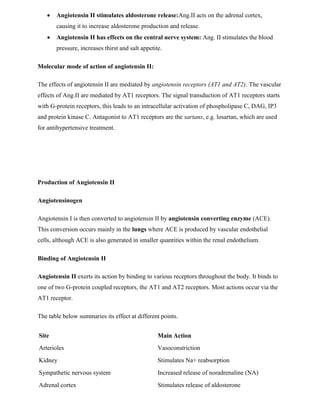  Angiotensin II stimulates aldosterone release:Ang.II acts on the adrenal cortex,
causing it to increase aldosterone production and release.
 Angiotensin II has effects on the central nerve system: Ang. II stimulates the blood
pressure, increases thirst and salt appetite.
Molecular mode of action of angiotensin II:
The effects of angiotensin II are mediated by angiotensin receptors (AT1 and AT2). The vascular
effects of Ang.II are mediated by AT1 receptors. The signal transduction of AT1 receptors starts
with G-protein receptors, this leads to an intracellular activation of phospholipase C, DAG, IP3
and protein kinase C. Antagonist to AT1 receptors are the sartans, e.g. losartan, which are used
for antihypertensive treatment.
Production of Angiotensin II
Angiotensinogen
Angiotensin I is then converted to angiotensin II by angiotensin converting enzyme (ACE).
This conversion occurs mainly in the lungs where ACE is produced by vascular endothelial
cells, although ACE is also generated in smaller quantities within the renal endothelium.
Binding of Angiotensin II
Angiotensin II exerts its action by binding to various receptors throughout the body. It binds to
one of two G-protein coupled receptors, the AT1 and AT2 receptors. Most actions occur via the
AT1 receptor.
The table below summaries its effect at different points.
Site Main Action
Arterioles Vasoconstriction
Kidney Stimulates Na+ reabsorption
Sympathetic nervous system Increased release of noradrenaline (NA)
Adrenal cortex Stimulates release of aldosterone
 