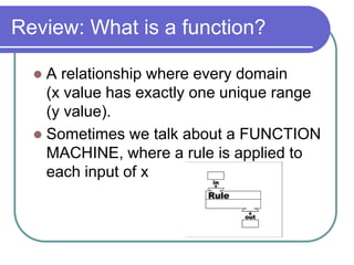 Review: What is a function?
A relationship where every domain
(x value has exactly one unique range
(y value).
 Sometimes we talk about a FUNCTION
MACHINE, where a rule is applied to
each input of x


 