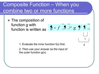 Composite Function – When you
combine two or more functions


The composition of
function g with
function is written as

g f

x

g f x
1

1. Evaluate the inner function f(x) first.
2. Then use your answer as the input of
the outer function g(x).

2

 