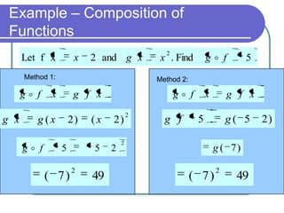 Example – Composition of
Functions
Let f x

x

2 and g x

Method 1:

g f

g x

g f

x . Find

5

Method 2:

x

g f

g f x

g(x
g f

2

2)
5

( 7)

(x
5

2

49

2)
2

2

2

g f

x

g f x

5

g( 5
g ( 7)

( 7)

2

49

2)

 