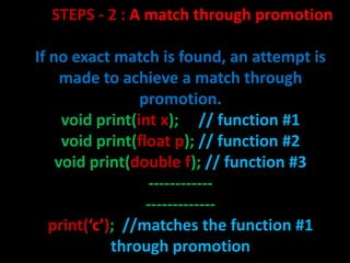 STEPS - 3 : A match through standard
               C++ conversion rules

If the first and second steps fail, then an
  at...