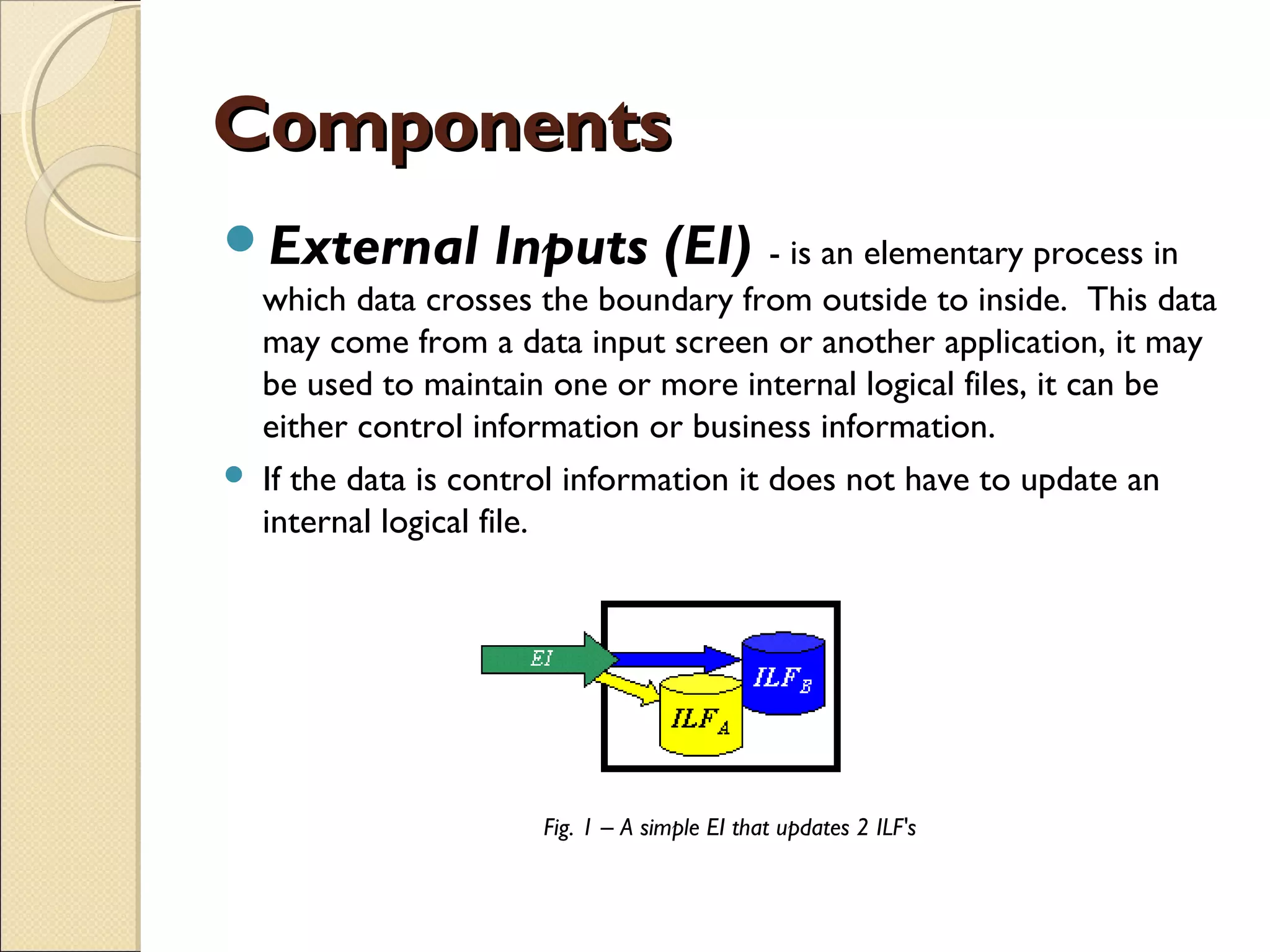 Components
External



Inputs (EI) - is an elementary process in

which data crosses the boundary from outside to inside.  This data
may come from a data input screen or another application, it may
be used to maintain one or more internal logical files, it can be
either control information or business information.  
If the data is control information it does not have to update an
internal logical file. 

Fig. 1 – A simple EI that updates 2 ILF's

 