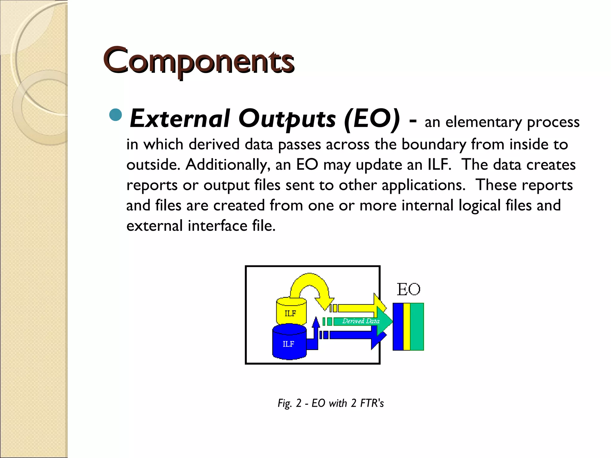 Components
External

Outputs (EO) - an elementary process

in which derived data passes across the boundary from inside to
outside. Additionally, an EO may update an ILF.  The data creates
reports or output files sent to other applications.  These reports
and files are created from one or more internal logical files and
external interface file. 

Fig. 2 - EO with 2 FTR's

 