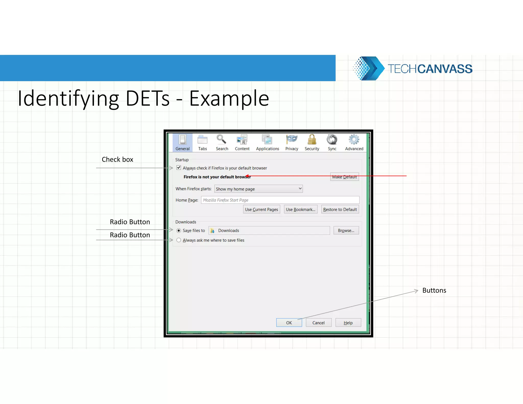 Identifying DETs - Example
Check box
Radio Button
Radio Button
Buttons
 