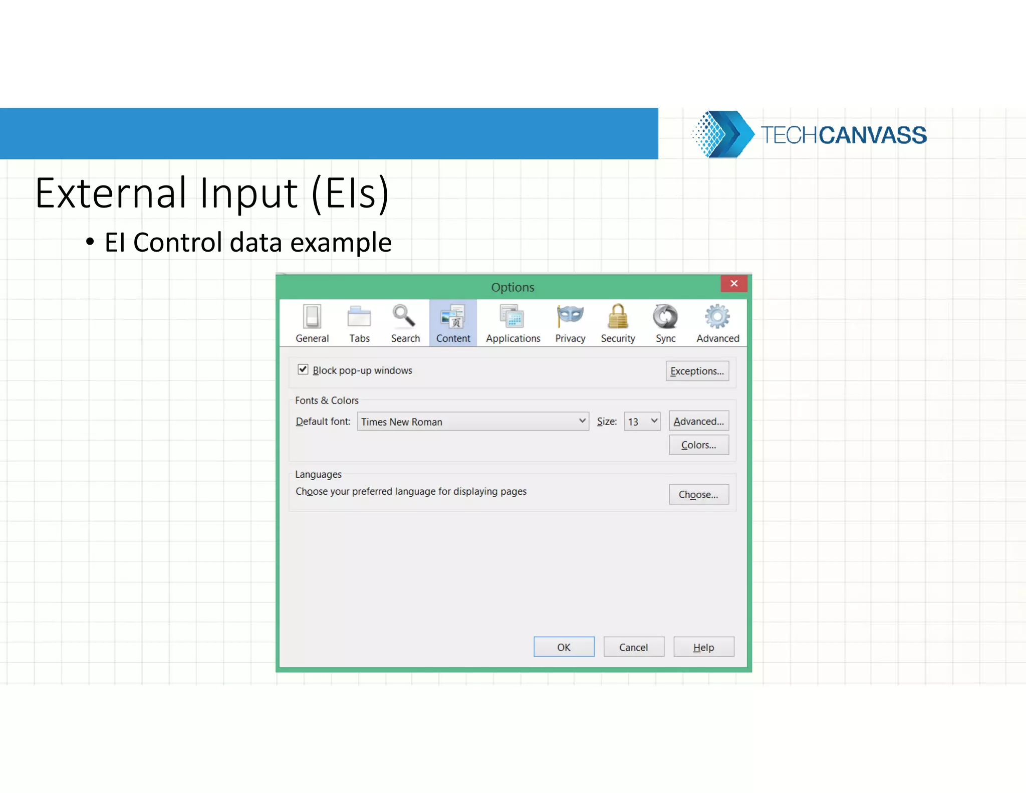 External Input (EIs)
• EI Control data example
 