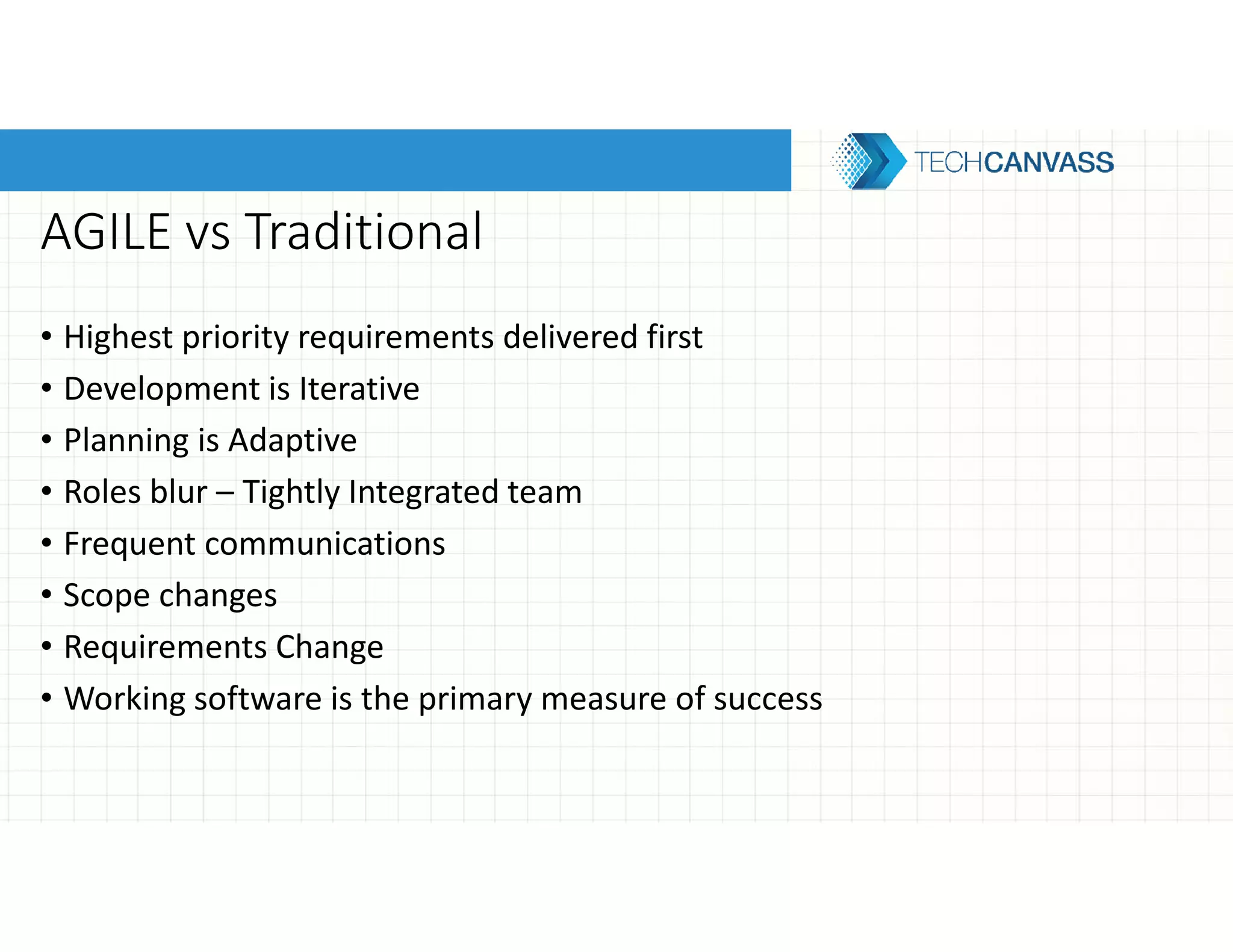 AGILE vs Traditional
• Highest priority requirements delivered first
• Development is Iterative
• Planning is Adaptive
• Roles blur – Tightly Integrated team
• Frequent communications
• Scope changes
• Requirements Change
• Working software is the primary measure of success
 