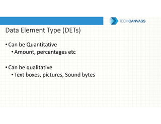 Data Element Type (DETs)
•Can be Quantitative
•Amount, percentages etc
•Can be qualitative
•Text boxes, pictures, Sound bytes
 