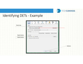 Identifying DETs - Example
Check box
Radio Button
Radio Button
Buttons
 