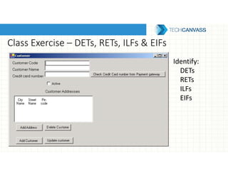 Class Exercise – DETs, RETs, ILFs & EIFs
Identify:
DETs
RETs
ILFs
EIFs
 