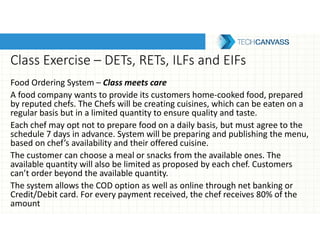 Class Exercise – DETs, RETs, ILFs and EIFs
Food Ordering System – Class meets care
A food company wants to provide its customers home-cooked food, prepared
by reputed chefs. The Chefs will be creating cuisines, which can be eaten on a
regular basis but in a limited quantity to ensure quality and taste.
Each chef may opt not to prepare food on a daily basis, but must agree to the
schedule 7 days in advance. System will be preparing and publishing the menu,
based on chef’s availability and their offered cuisine.
The customer can choose a meal or snacks from the available ones. The
available quantity will also be limited as proposed by each chef. Customers
can’t order beyond the available quantity.
The system allows the COD option as well as online through net banking or
Credit/Debit card. For every payment received, the chef receives 80% of the
amount
 