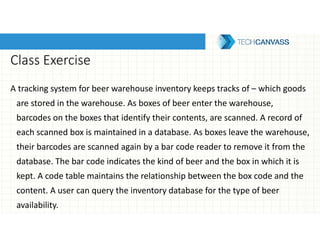 Class Exercise
A tracking system for beer warehouse inventory keeps tracks of – which goods
are stored in the warehouse. As boxes of beer enter the warehouse,
barcodes on the boxes that identify their contents, are scanned. A record of
each scanned box is maintained in a database. As boxes leave the warehouse,
their barcodes are scanned again by a bar code reader to remove it from the
database. The bar code indicates the kind of beer and the box in which it is
kept. A code table maintains the relationship between the box code and the
content. A user can query the inventory database for the type of beer
availability.
 