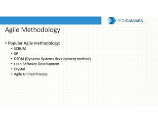 Agile Methodology
• Popular Agile methodology:
• SCRUM
• XP
• DSDM (Dynamic Systems development method)
• Lean Software Development
• Crystal
• Agile Unified Process
 