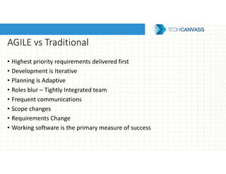 AGILE vs Traditional
• Highest priority requirements delivered first
• Development is Iterative
• Planning is Adaptive
• Roles blur – Tightly Integrated team
• Frequent communications
• Scope changes
• Requirements Change
• Working software is the primary measure of success
 