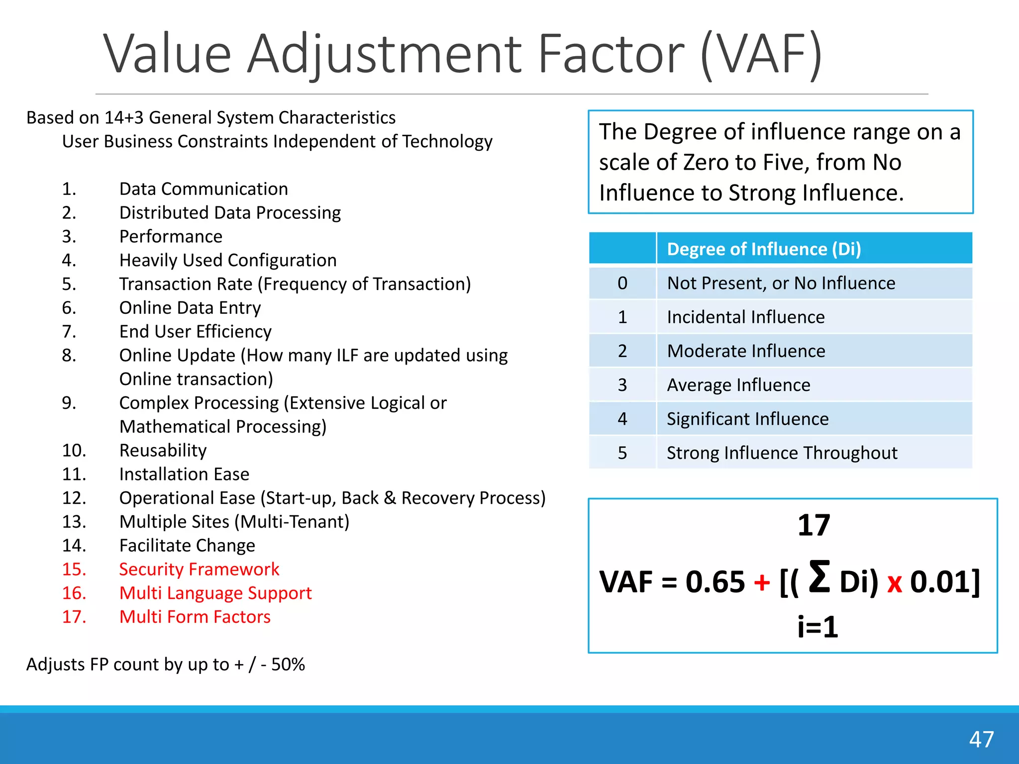 Value Adjustment Factor (VAF)
47
Degree of Influence (Di)
0 Not Present, or No Influence
1 Incidental Influence
2 Moderate Influence
3 Average Influence
4 Significant Influence
5 Strong Influence Throughout
The Degree of influence range on a
scale of Zero to Five, from No
Influence to Strong Influence.
17
VAF = 0.65 + [( ΣDi) x 0.01]
i=1
New Additions over IFPUG Value Adjustment Factors – Points : 15, 16 & 17
Based on 14+3 General System Characteristics
User Business Constraints Independent of Technology
1. Data Communication
2. Distributed Data Processing
3. Performance
4. Heavily Used Configuration
5. Transaction Rate (Frequency of Transaction)
6. Online Data Entry
7. End User Efficiency
8. Online Update (How many ILF are updated using
Online transaction)
9. Complex Processing (Extensive Logical or
Mathematical Processing)
10. Reusability
11. Installation Ease
12. Operational Ease (Start-up, Back & Recovery Process)
13. Multiple Sites (Multi-Tenant)
14. Facilitate Change
15. Security Framework
16. Multi Language Support
17. Multi Form Factors
Adjusts FP count by up to + / - 50%
 