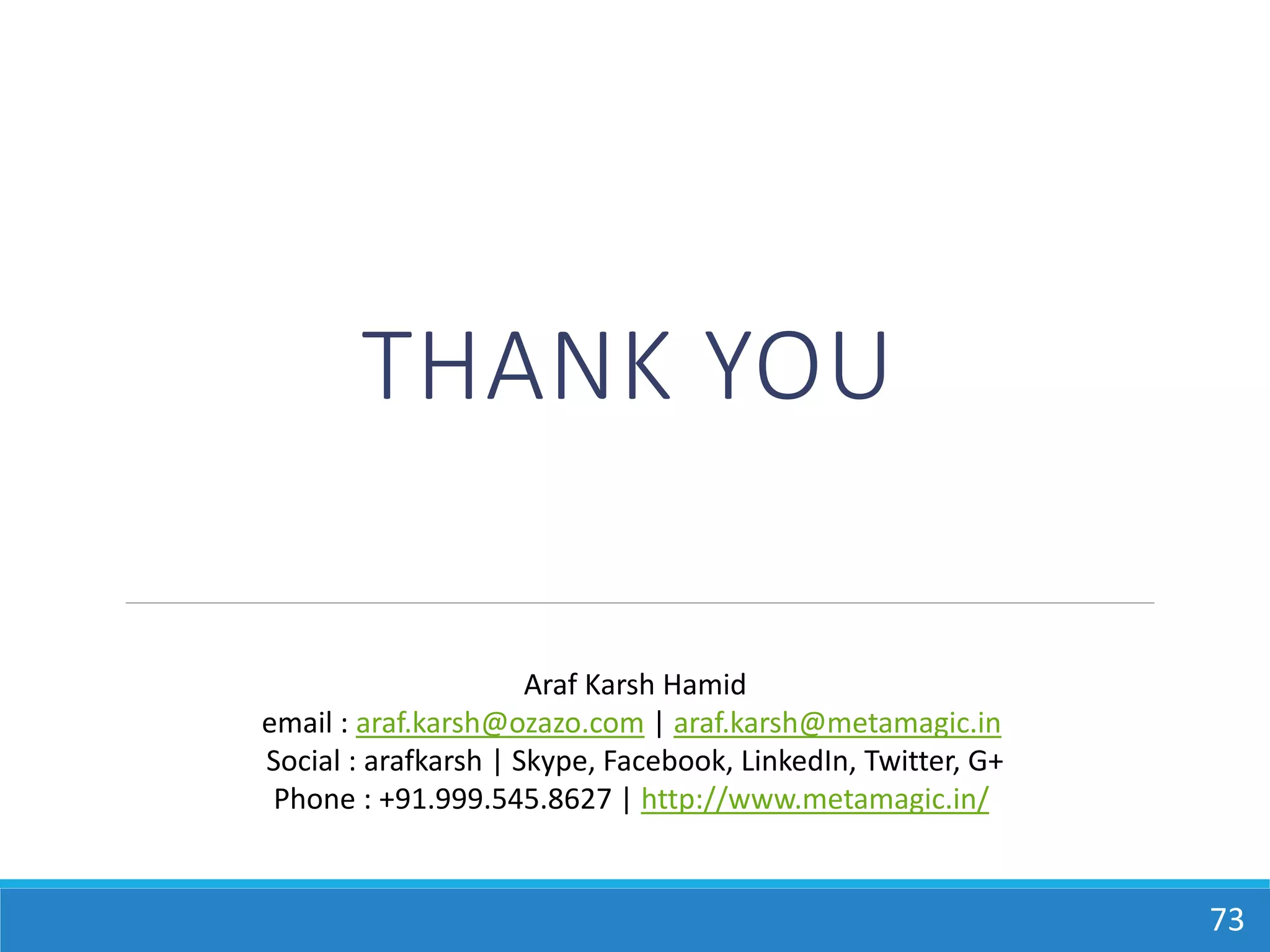 73
THANK YOU
Araf Karsh Hamid
email : araf.karsh@ozazo.com | araf.karsh@metamagic.in
Social : arafkarsh | Skype, Facebook, LinkedIn, Twitter, G+
Phone : +91.999.545.8627 | http://www.metamagic.in/
 