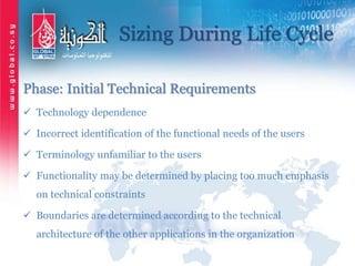 Sizing During Life Cycle
Phase: Initial Technical Requirements
 Technology dependence
 Incorrect identification of the functional needs of the users
 Terminology unfamiliar to the users
 Functionality may be determined by placing too much emphasis
on technical constraints
 Boundaries are determined according to the technical
architecture of the other applications in the organization
 
