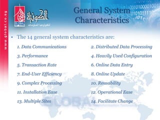 General System
Characteristics
• The 14 general system characteristics are:
1. Data Communications 2. Distributed Data Processing
3. Performance 4. Heavily Used Configuration
5. Transaction Rate 6. Online Data Entry
7. End-User Efficiency 8. Online Update
9. Complex Processing 10. Reusability
11. Installation Ease 12. Operational Ease
13. Multiple Sites 14. Facilitate Change
 
