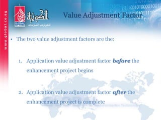 Value Adjustment Factor
• The two value adjustment factors are the:
1. Application value adjustment factor before the
enhancement project begins
2. Application value adjustment factor after the
enhancement project is complete
 