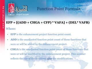 Function Point Formula
EFP = [(ADD + CHGA + CFP) * VAFA] + (DEL* VAFB)
Where:
• EFP is the enhancement project function point count.
• ADD is the unadjusted function point count of those functions that
were or will be added by the enhancement project.
• CHGA is the unadjusted function point count of those functions that
were or will be modified by the enhancement project. This number
reflects the size of the functions after the modifications.
 