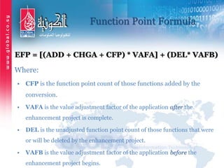 Function Point Formula
EFP = [(ADD + CHGA + CFP) * VAFA] + (DEL* VAFB)
Where:
• CFP is the function point count of those functions added by the
conversion.
• VAFA is the value adjustment factor of the application after the
enhancement project is complete.
• DEL is the unadjusted function point count of those functions that were
or will be deleted by the enhancement project.
• VAFB is the value adjustment factor of the application before the
enhancement project begins.
 