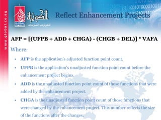 Reflect Enhancement Projects
AFP = [(UFPB + ADD + CHGA) - (CHGB + DEL)] * VAFA
Where:
• AFP is the application's adjusted function point count.
• UFPB is the application's unadjusted function point count before the
enhancement project begins.
• ADD is the unadjusted function point count of those functions that were
added by the enhancement project.
• CHGA is the unadjusted function point count of those functions that
were changed by the enhancement project. This number reflects the size
of the functions after the changes.
 
