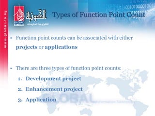 Types of Function Point Count
• Function point counts can be associated with either
projects or applications
• There are three types of function point counts:
1. Development project
2. Enhancement project
3. Application
 