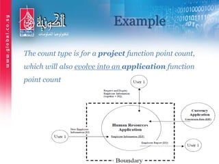 Example
The count type is for a project function point count,
which will also evolve into an application function
point count
 