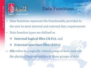Data Functions
• Data functions represent the functionality provided to
the user to meet internal and external data requirements
• Data function types are defined as
 Internal logical files (ILFs), and
 External interface files (EIFs)
• File refers to a logically related group of data, and not
the physical implementation of those groups of data
 