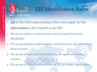 EIF Identification Rules
• All of the following counting rules must apply for the
information to be counted as an EIF.
1. The group of data or control information is logical and user
identifiable.
2. The group of data is referenced by, and external to, the application
being counted.
3. The group of data is not maintained by the application being
counted.
4. The group of data is maintained in an ILF of another application.
 