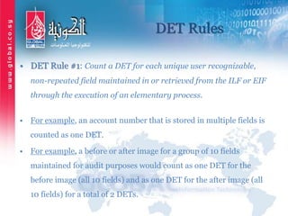 DET Rules
• DET Rule #1: Count a DET for each unique user recognizable,
non-repeated field maintained in or retrieved from the ILF or EIF
through the execution of an elementary process.
• For example, an account number that is stored in multiple fields is
counted as one DET.
• For example, a before or after image for a group of 10 fields
maintained for audit purposes would count as one DET for the
before image (all 10 fields) and as one DET for the after image (all
10 fields) for a total of 2 DETs.
 