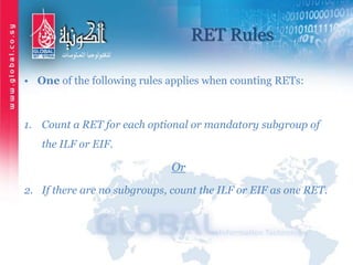RET Rules
• One of the following rules applies when counting RETs:
1. Count a RET for each optional or mandatory subgroup of
the ILF or EIF.
Or
2. If there are no subgroups, count the ILF or EIF as one RET.
 