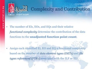 Complexity and Contribution
• The number of EIs, EOs, and EQs and their relative
functional complexity determine the contribution of the data
functions to the unadjusted function point count.
• Assign each identified EI, EO and EQ a functional complexity
based on the number of data element types (DETs) and file
types referenced (FTRs) associated with the ILF or EIF.
 