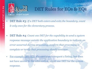DET Rules for EOs & EQs
• DET Rule #3: If a DET both enters and exits the boundary, count
it only once for the elementary process.
• DET Rule #4: Count one DET for the capability to send a system
response message outside the application boundary to indicate an
error occurred during processing, confirm that processing is
complete or verify that processing should continue.
• For example (EO/EQ), if a user tries to request a listing, but does
not have access to the information, count one DET for the system
response.
 