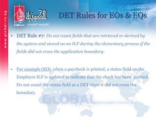 DET Rules for EOs & EQs
• DET Rule #7: Do not count fields that are retrieved or derived by
the system and stored on an ILF during the elementary process if the
fields did not cross the application boundary.
• For example (EO), when a paycheck is printed, a status field on the
Employee ILF is updated to indicate that the check has been printed.
Do not count the status field as a DET since it did not cross the
boundary.
 