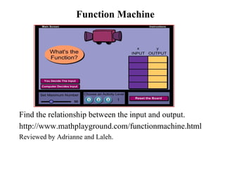 Function Machine




Find the relationship between the input and output.
http://www.mathplayground.com/functionmachine.html
Reviewed by Adrianne and Laleh.
 