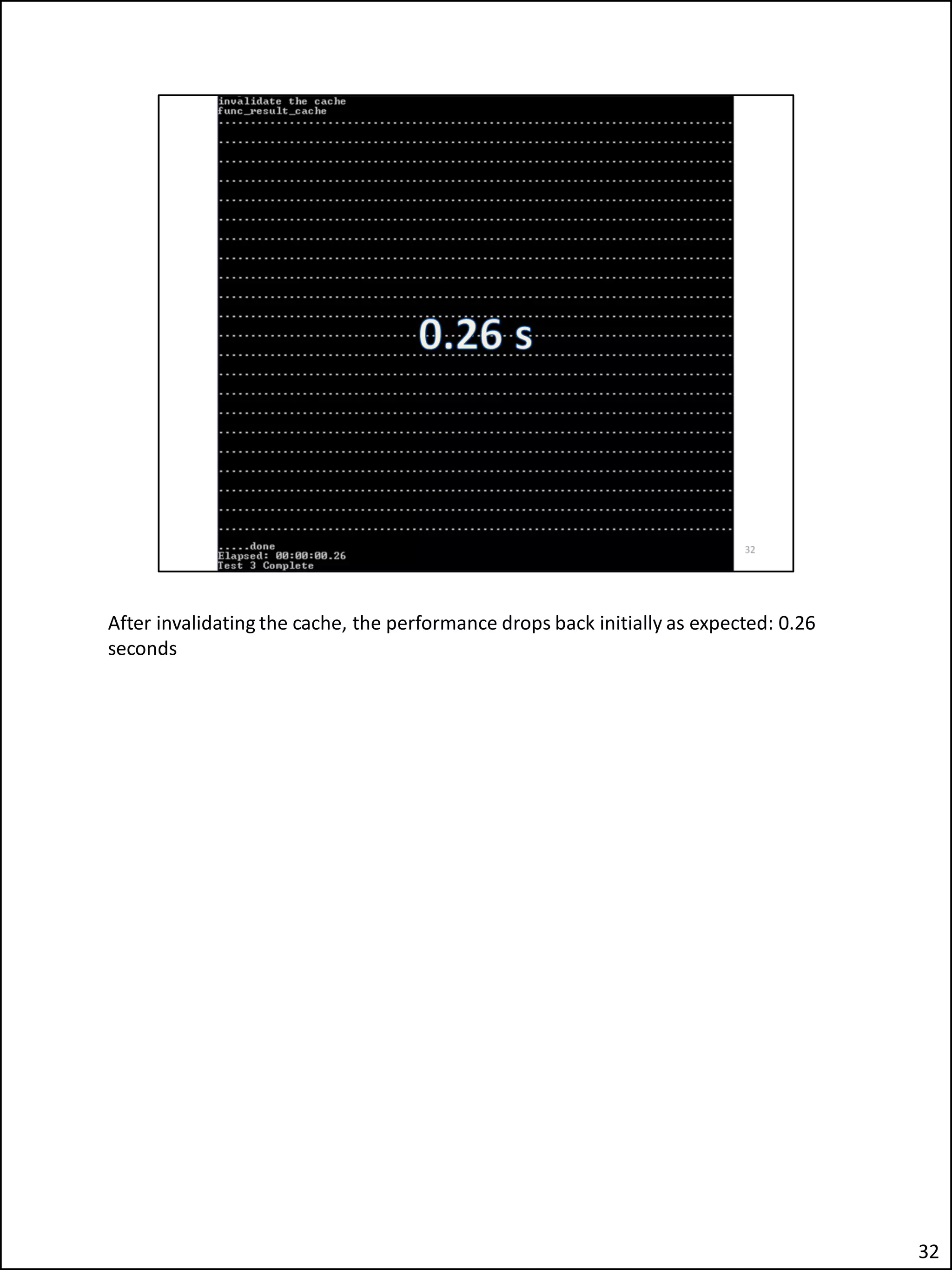 After invalidating the cache, the performance drops back initially as expected: 0.26
seconds
32
 