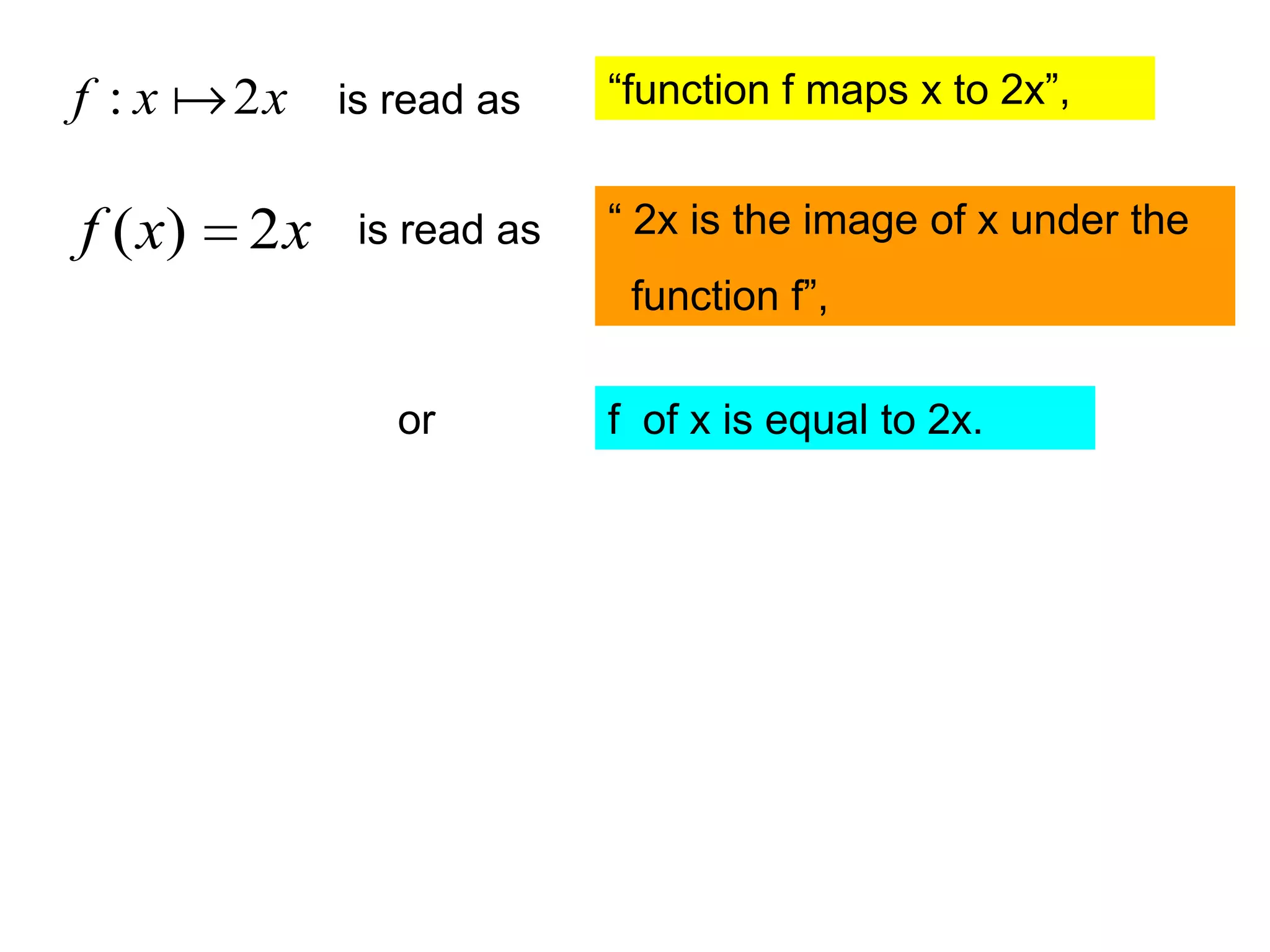 f : x  2 x is read as     “function f maps x to 2x”,


f ( x)   2x   is read as   “ 2x is the image of x under the
                            function f”,

                or         f of x is equal to 2x.
 