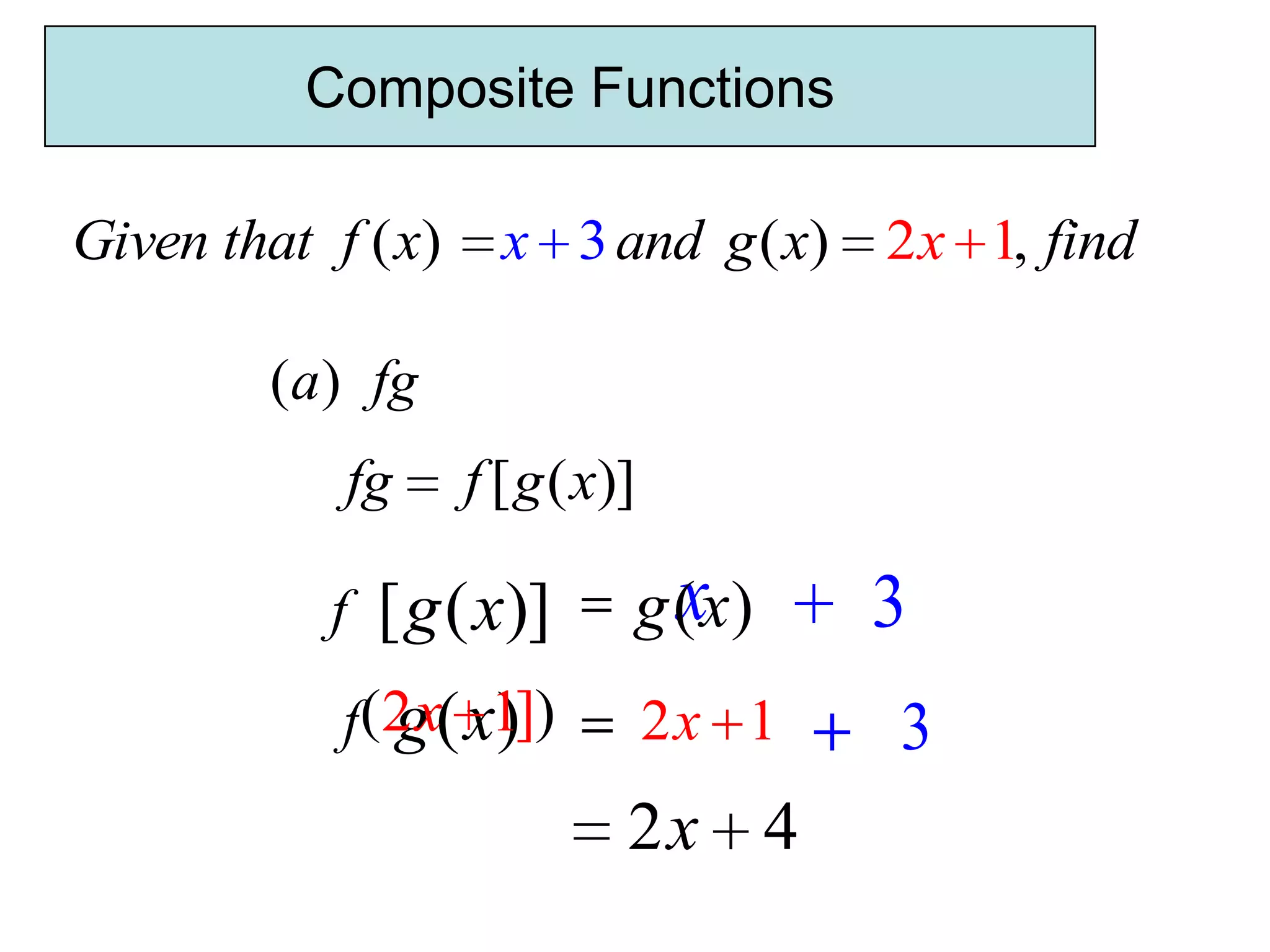 Composite Functions

Given that f ( x)     x 3 and g ( x) 2 x 1, find

         (a) fg
            fg      f [ g ( x)]

           f   [ g ( x)]        x
                              g ( x)     3
            f(2 x( x1])
              g )                 2x 1   3
                              2x 4
 