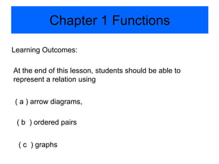 Chapter 1 Functions

Learning Outcomes:

At the end of this lesson, students should be able to
represent a relation using


( a ) arrow diagrams,

 ( b ) ordered pairs


 ( c ) graphs
 