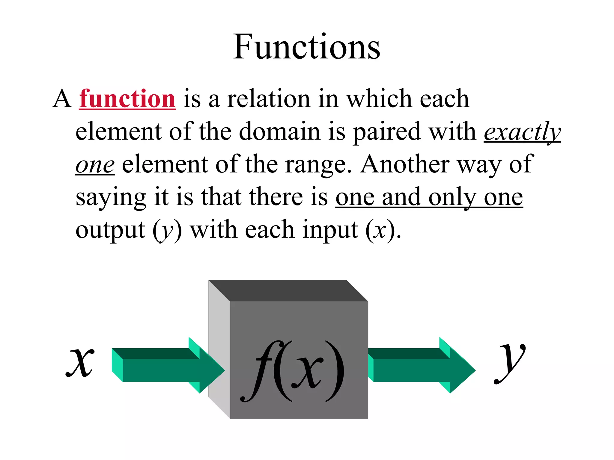 Functions A function is a relation in which each element of the domain is paired with exactly one element of the range. Another way of saying it is that there is one and only one output ( y ) with each input ( x ). f ( x ) x y