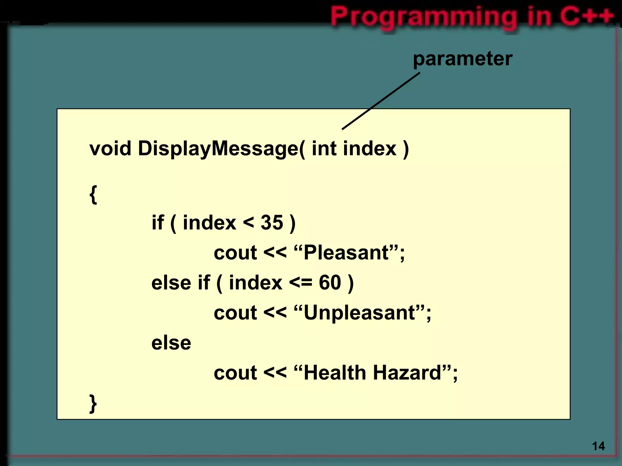   parameter void DisplayMessage( int index ) { if ( index < 35 ) cout << “Pleasant”; else if ( index <= 60 ) cout << “Unpleasant”; else cout << “Health Hazard”; } 