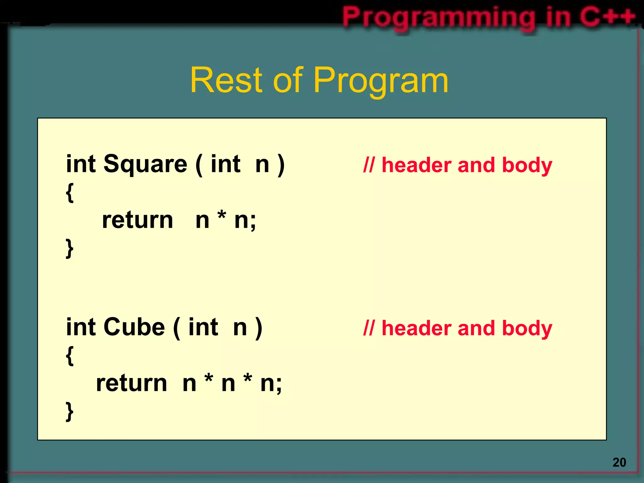 Rest of Program int Square ( int  n ) // header and body { return  n * n; } int Cube ( int  n ) // header and body { return  n * n * n; } 